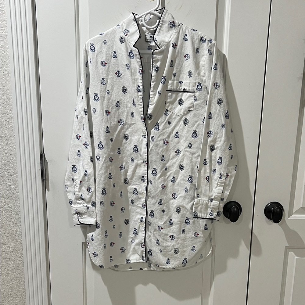 Women’s White Nautical Print Long Sleeve Sleep Shirt